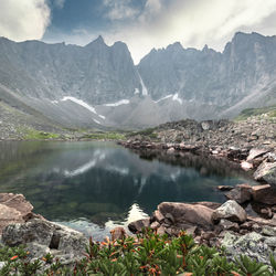 Scenic view of lake by mountains against sky