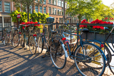 Bicycles on railing by street in city