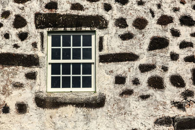 Close-up of window on wall of house