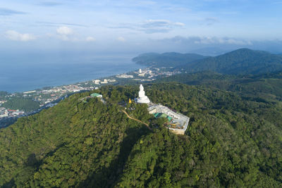 High angle view of buildings against sky