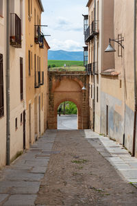 Empty alley amidst buildings in city