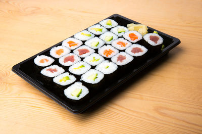 High angle view of sushi in plate on table