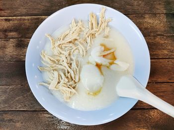 High angle view of rice in bowl on table