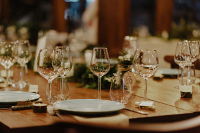 Wineglasses on table at restaurant