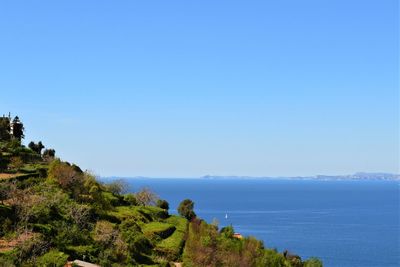 Scenic view of sea against clear blue sky