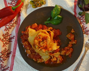 High angle view of food in plate