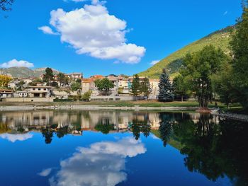 Reflection of buildings and trees in lake against blue sky