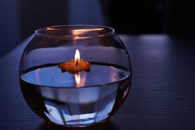 Close-up of lit candle on water in bowl