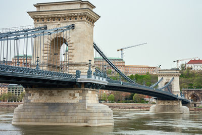 Budapest cityscape with chain bridge along danube river