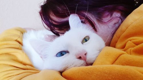 Close-up of teenage girl embracing cat