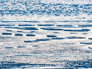 Melting of ice edge in lake bay. edge of blue water thawed from under brilliant white ice floe