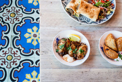 High angle view of breakfast served on table