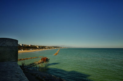 Scenic view of sea against clear blue sky