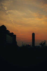 Silhouette of buildings against cloudy sky at sunset