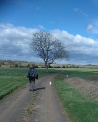 Rear view of man walking on road amidst field