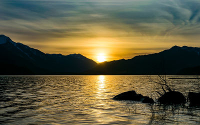 Scenic view of lake against sky during sunset