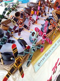 High angle view of books on table