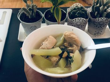 High angle view of soup in bowl on table