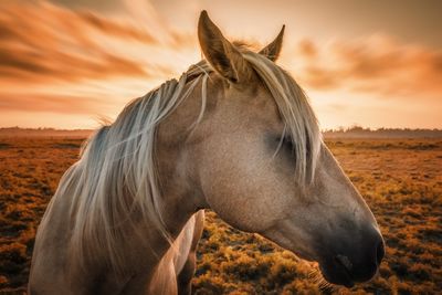 Side view of horse against sky during sunset