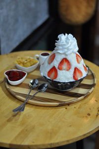 High angle view of dessert on table