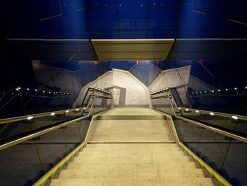 High angle view of illuminated staircase at night