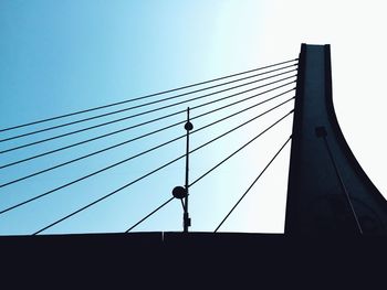 Low angle view of silhouette man against clear blue sky