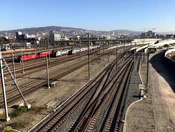 High angle view of railroad tracks against sky