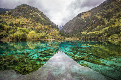 Scenic view of lake by mountains against sky