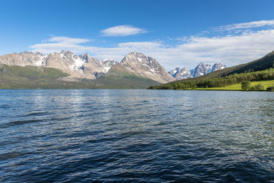 Scenic view of lake and rocky mountains against sky