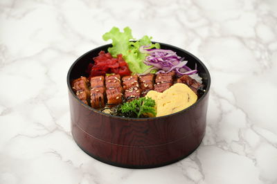 High angle view of fruits in bowl on table