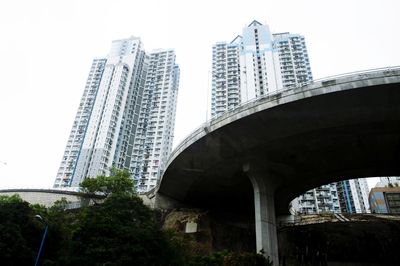 Low angle view of modern building against clear sky