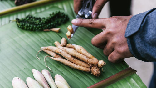 High angle view of person preparing food on table