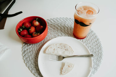 High angle view of breakfast on table