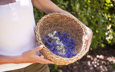 Midsection of woman holding basket in flowers