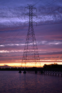 Low angle view of silhouette electricity pylon against sky during sunset