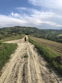 Rear view of woman walking on dirt road against sky