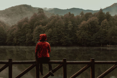 Rear view of man looking at lake against mountain