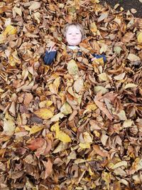 Directly above portrait of girl lying down amidst leaves during autumn