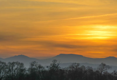 Scenic view of mountains against sky at sunset