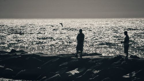 Men standing on groyne against sea