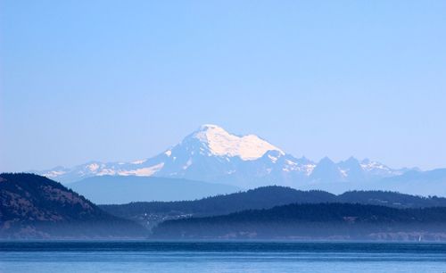 Scenic view of sea and snowcapped mountains against clear sky