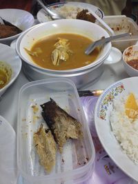 High angle view of meal served on table