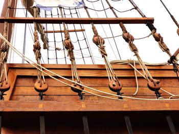 Low angle view of rope tied to wooden post against sky