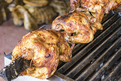 Close-up of meat on barbecue grill