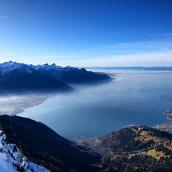 Scenic view of sea and mountains against blue sky