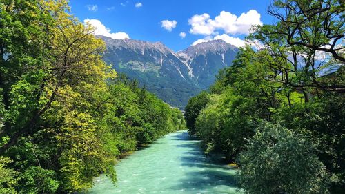 Scenic view of waterfall amidst trees against sky