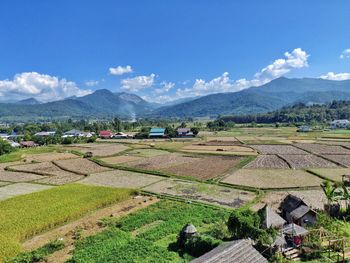 High angle view of agricultural field against sky