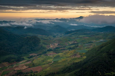 Aerial view of landscape against sky during sunset