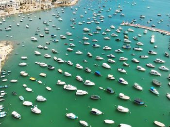 High angle view of boats moored in sea