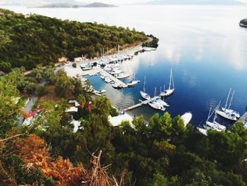 High angle view of boats sailing in sea